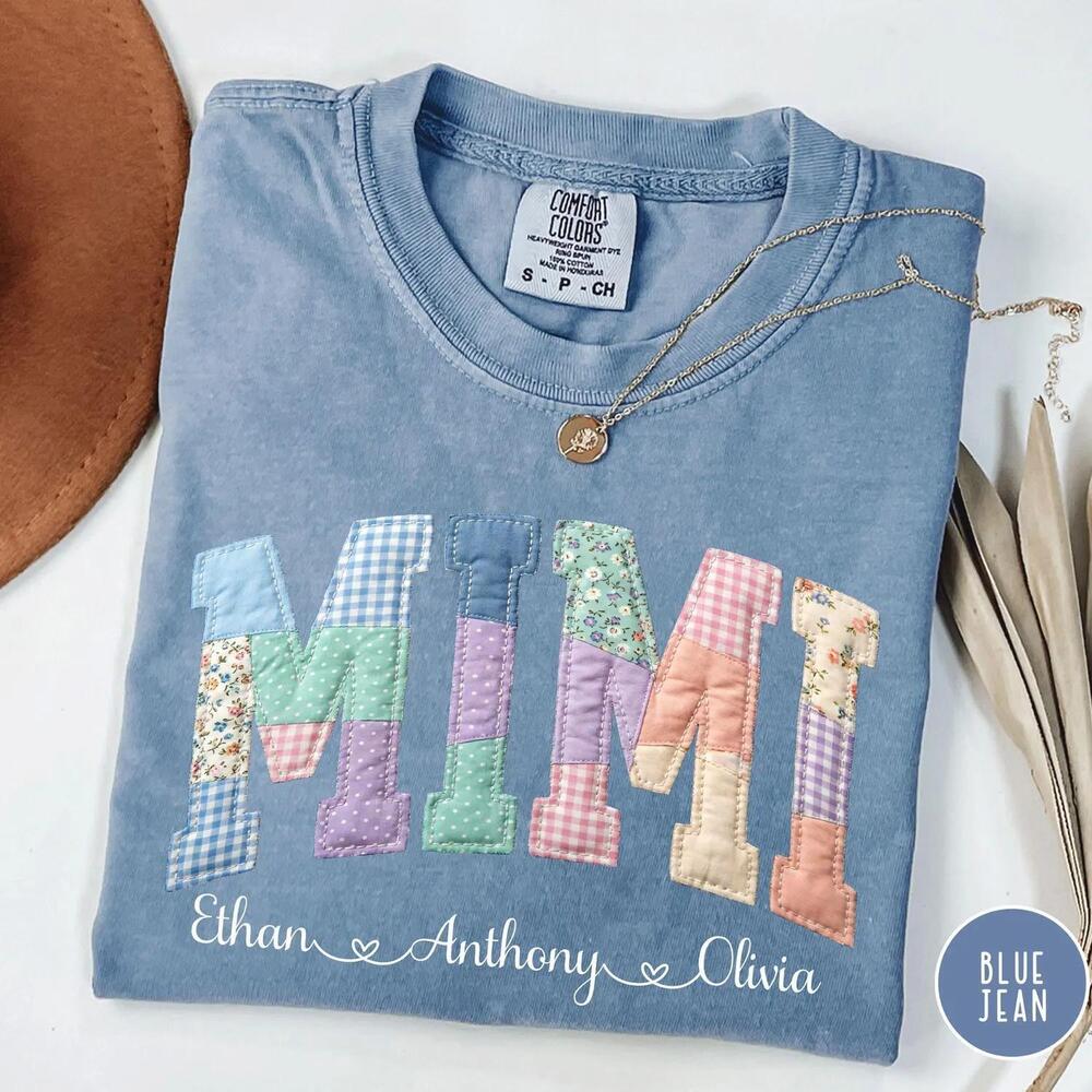 Mimi Patchwork Shirt With Kids Names, Floral Mom t-shirt
